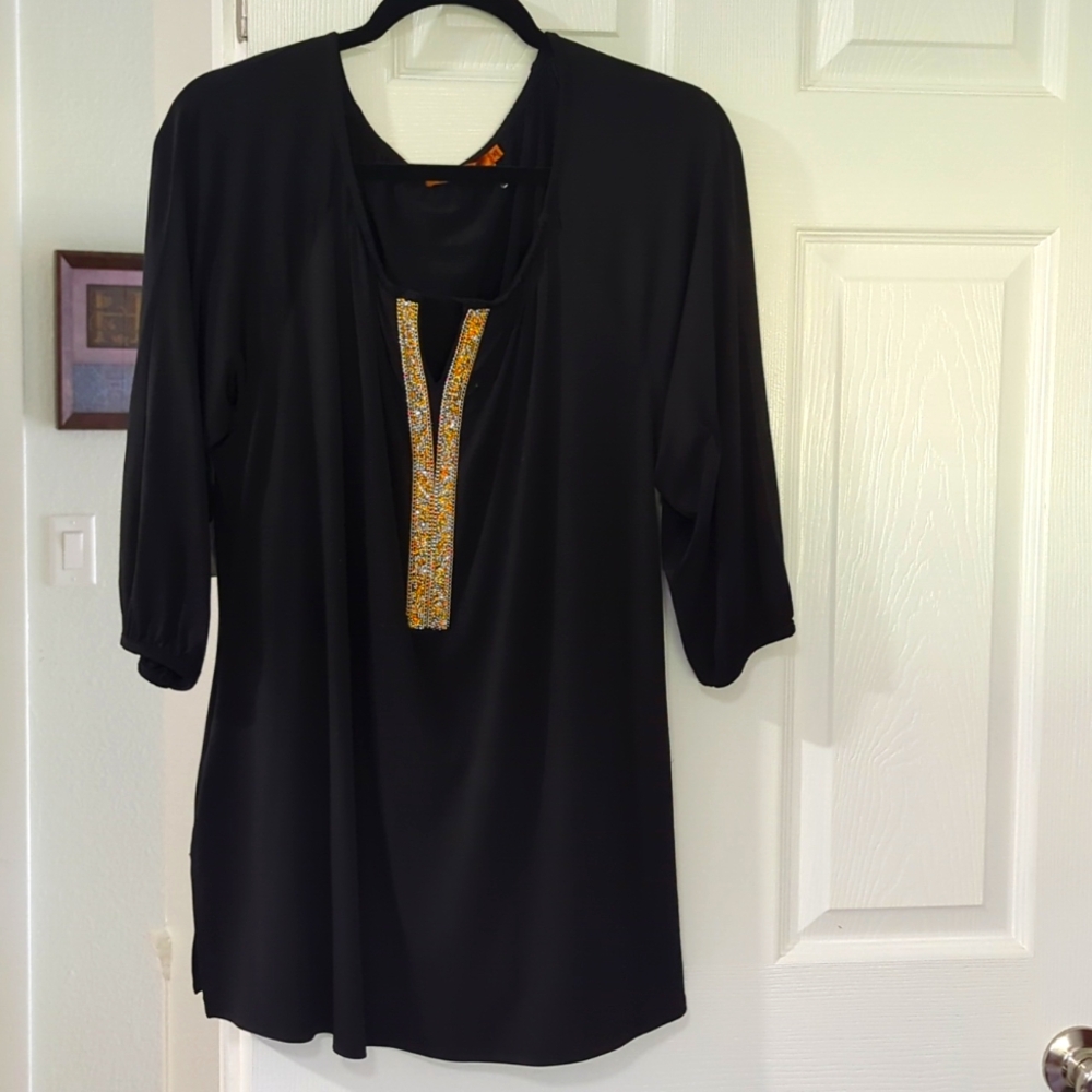 BELLDINI Black Tunic, 3/4 Length Sleeves, Rhinestone & Link Detail Size XL